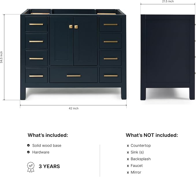 ARIEL Cambridge 42-inch Bathroom Vanity Base Cabinet,Solid Wood, 2 Soft Closing Doors, 9 Dovetail Drawers, Midnight Blue