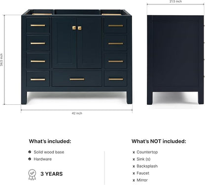 ARIEL Cambridge 42-inch Bathroom Vanity Base Cabinet,Solid Wood, 2 Soft Closing Doors, 9 Dovetail Drawers, Midnight Blue