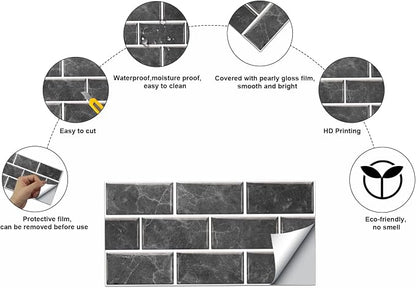 12-Sheet Black Peel and Stick Wallpaper, Subway Tile 6''x12'' Self Adhesive Wall Tiles Waterproof PVC Stick on Backsplash Vinyl Decorative Tiles Stickers for Kitchen Bathroom