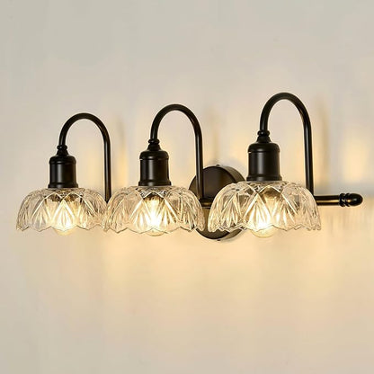 UOFUS 3-Light Black Vanity Light Farmhouse Bathroom Lighting Fixtures | Over Mirror with Clear Glass Shade
