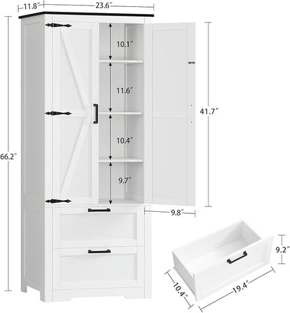 TEENFON 66.1" H Storage Cabinet with 2 Drawers, Farmhouse Kitchen Pantry Cabinet with 2 Doors & Adjustable Shelf, Bathroom Cabinet, for Living Room, Kitchen, Bathroom, White
