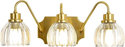 3-Light Bathroom Vanity Light, Gold Vanity Light, Antique Brass Sconces with Tulip Glass Shade, Mid Century Hardwired Wall Sconces for Bedroom, Living Room, Hallway