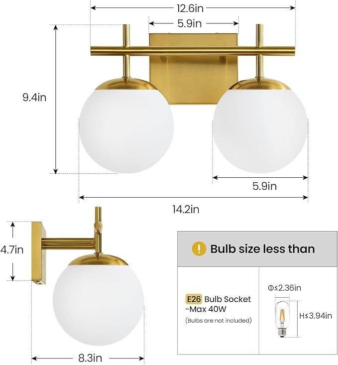 AIJIASI Gold Vanity Light, 2-Light Bathroom Lighting Fixtures Over Mirror Milky White Glass Globe Shades, Modern Vanity Lighting Fixtures Wall Sconce 14 Inch (Exclude E26 Bulb)
