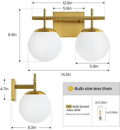 AIJIASI Gold Vanity Light, 2-Light Bathroom Lighting Fixtures Over Mirror Milky White Glass Globe Shades, Modern Vanity Lighting Fixtures Wall Sconce 14 Inch (Exclude E26 Bulb)