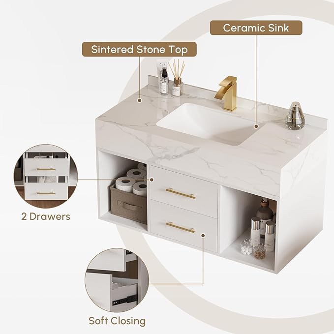 Bathroom Vanity with Sink, 39.3" Floating Bathroom Vanity Set Modern Wall-Mounted Cabinet with Sintered Stone Countertop, Undermount Sink & White Finish, Easy to Clean