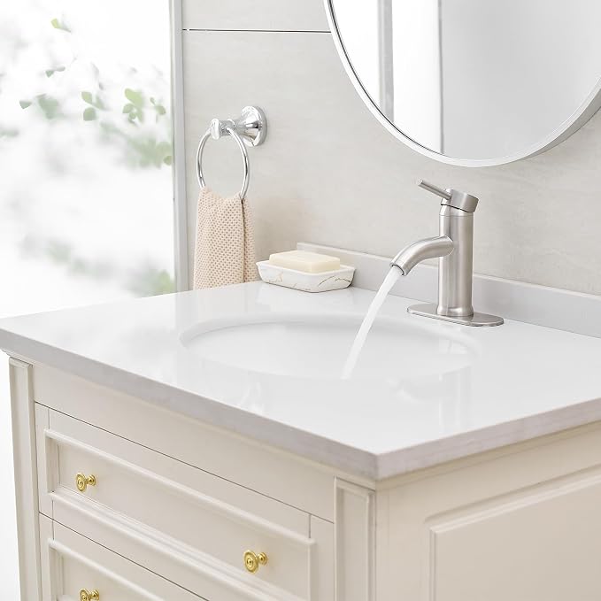 Brushed Nickel Bathroom Faucets Single Hole Bathroom Sink Faucet | Modern Single Handle Bathroom Faucte 1 or 3 Hole, RV Sink Vanity Faucet (with Drain, Brushed Nickel)