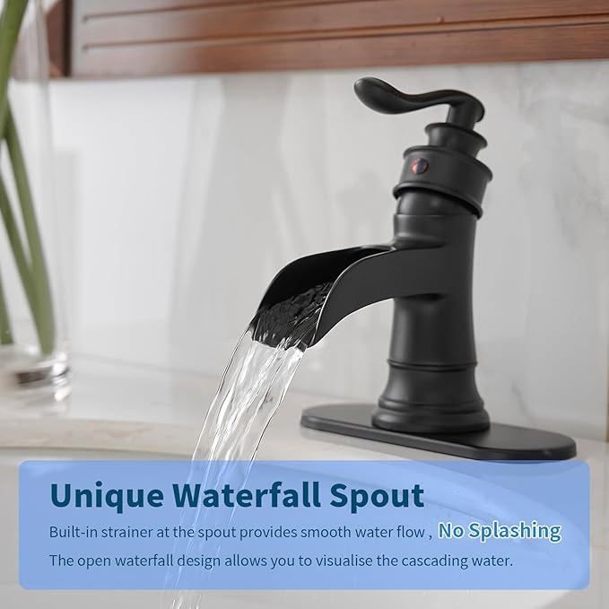 BWE Matte Black Waterfall Bathroom Sink Faucet 1 Hole or 3 Hole, Single Handle Lavatory Faucet with Brass Pop-Up Drain and Water Supply Lines
