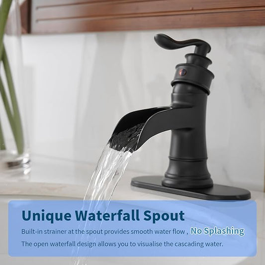 BWE Matte Black Waterfall Bathroom Sink Faucet 1 Hole or 3 Hole, Single Handle Lavatory Faucet with Brass Pop-Up Drain and Water Supply Lines