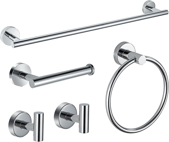 5-Piece Bathroom Hardware Set, Chrome SUS304 Stainless Steel Bathroom Accessories Kit, Includes 24" Towel Bar, Toilet Paper Holder, Towel Ring & 2 Robe Hooks, Wall Mounted, Rustproof Modern Design