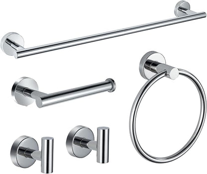5-Piece Bathroom Hardware Set, Chrome SUS304 Stainless Steel Bathroom Accessories Kit, Includes 24" Towel Bar, Toilet Paper Holder, Towel Ring & 2 Robe Hooks, Wall Mounted, Rustproof Modern Design