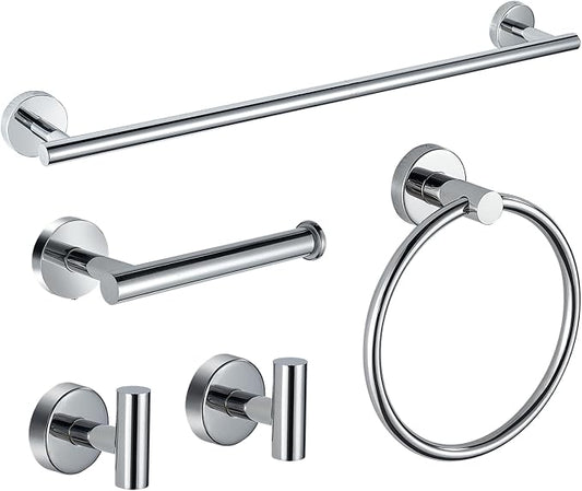 5-Piece Bathroom Hardware Set, Chrome SUS304 Stainless Steel Bathroom Accessories Kit, Includes 24" Towel Bar, Toilet Paper Holder, Towel Ring & 2 Robe Hooks, Wall Mounted, Rustproof Modern Design
