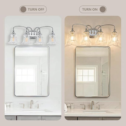 4-Light Vintage Bathroom Light Fixtures, Chrome | Vanity Lights Over Mirror with Floral Glass Shade for Bathroom Powder Room, Living Room Hallway