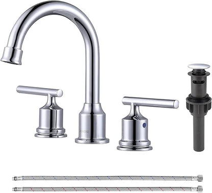 WOWOW Chrome Bathroom Faucet Widespread Bathroom Sink Faucet 3 Hole Vanity Faucet 8 Inch Brass Basin Faucet 2 Handle Tall Bathroom Tap with Drain and Hoses