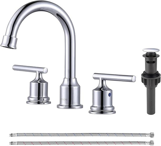 WOWOW Chrome Bathroom Faucet Widespread Bathroom Sink Faucet 3 Hole Vanity Faucet 8 Inch Brass Basin Faucet 2 Handle Tall Bathroom Tap with Drain and Hoses
