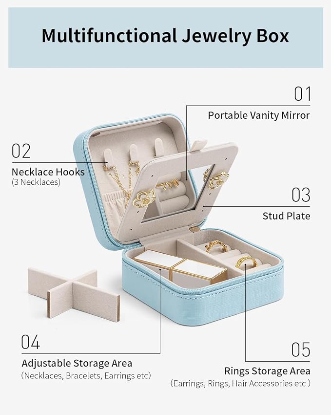 VLANDO Travel Jewelry Case with Mirror, Storage 3 Pairs of Stud Earrings | Necklace Hook for Anti-tangle, Removable Dividers, Waterproof PU Leather,Portable Storage for Rings, Necklace Gifts for Women