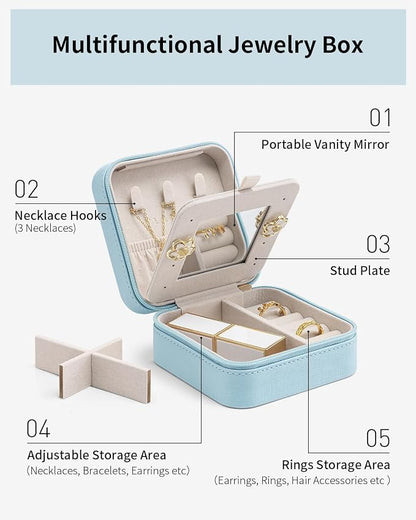 VLANDO Travel Jewelry Case with Mirror, Storage 3 Pairs of Stud Earrings | Necklace Hook for Anti-tangle, Removable Dividers, Waterproof PU Leather,Portable Storage for Rings, Necklace Gifts for Women