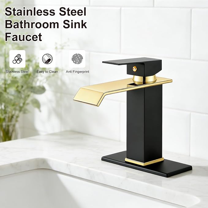 Midanya Waterfall Bathroom Sink Faucet 1 Hole,Matte Black and Shiny Gold | with cUPC Hoses,Pop Up Drain,Deck Plate,for 1 or 3 hole sink,Vanity,RV,Lavatory,Basin,Farmhouse,Stainless Steel,Single Handle