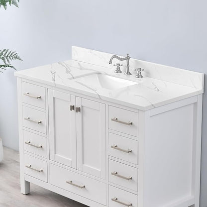 48 in. W x 22 in D Quartz Vanity Top in Calacatta Rocky, Vanity Sink Top with Assembled Single Drop-in Sink, Pre-Drilled Widespread Faucet Holes Countertop with 4" H Backsplash
