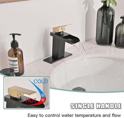 BWE Waterfall Bathroom Faucet Black and Gold Single Handle Commercial Bathroom Sink Faucet with Pop Up Drain Assembly and 6" Deck Plate Fit Sink 1 or 3 Hole rv Vanity Lavatory Mixer Tap