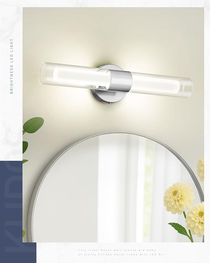 kudos 2-Pack Brushed Nickel Vanity Lights, Clear and Frosted Glass, 3CCT | 11W,1100 Lumens, 3000K, 4500K and 6000K Selectable, Hardwired, for Bathroom, Bedroom and Over Mirror, KDVL06-BN-2-2PK