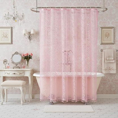 WAZZIO Pink Lace Shower Curtain - Vintage Pretty Pastel Girl Floral Shower Curtain Girly, Cute Coquette Tassel Princess Bath Curtains for Bathroom, 72 x 72 Inch, 1 Panel