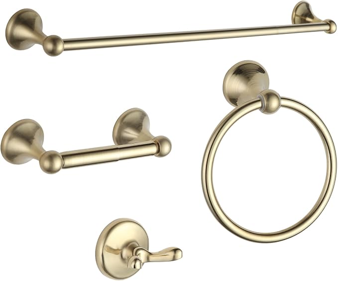 BGL Bathroom Accessories Set, Brushed Brass Towel Holder for Bathroom, 4-Piece Towel Ring, Robe Hook, Toilet Paper Holder Wall Mounted