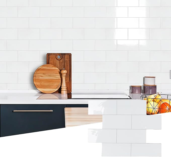 12-Piece Glossy Pure White Peel and Stick Backsplash Tile, 12''x12'' PVC Subway Tile Stick on Backsplash for Kitchen/Bathroom/Fireplace