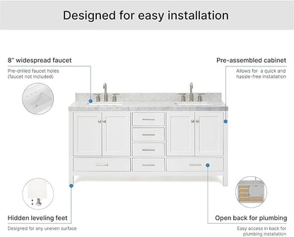 ARIEL Cambridge 72-inch Bathroom Vanity with Sink,Solid Wood, 2-inch Italian Carrara Marble Countertop, Double Rectangular Porcelain Sink, 4 Soft Closing Doors, 6 Dovetail Drawers, White