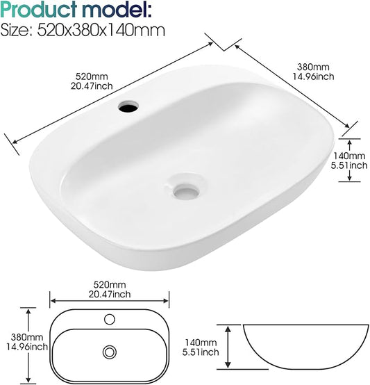 Modern Small Wall Mounted Bathroom Sink, 20.5x15 Inch White Oval Hanging Bathroom Vessel Sink, Arc-edge Ceramic Corner Wall Mount Sinks for Bath Shower Room Rvs