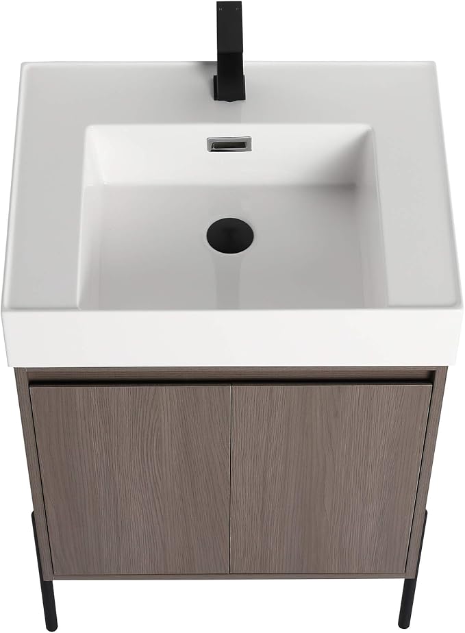 Crownpoint 24 Inch Bathroom Vanity with Sink, White Sink, Gray Oak Finish, Full Assembly Required, Elegant Bathroom Vanities for Modern Homes