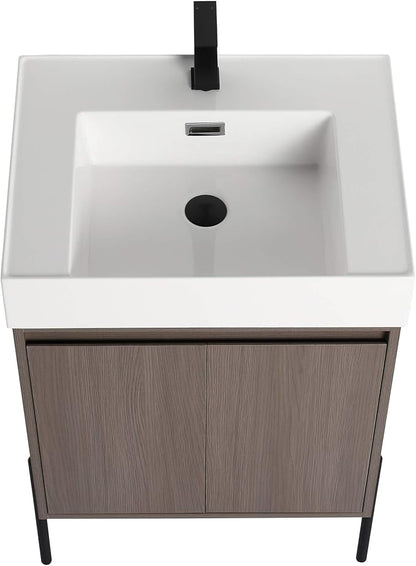 Crownpoint 24 Inch Bathroom Vanity with Sink, White Sink, Gray Oak Finish, Full Assembly Required, Elegant Bathroom Vanities for Modern Homes