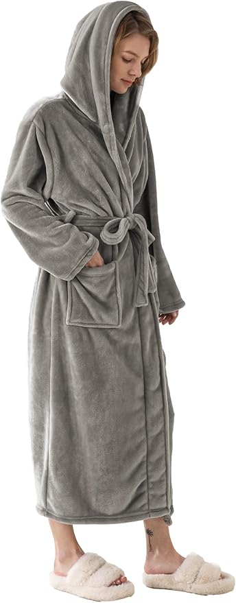 Robes for Women - Hooded Plush Fleece Bathrobe with Sash & Pockets, Full-Length Lightweight Spa Robe