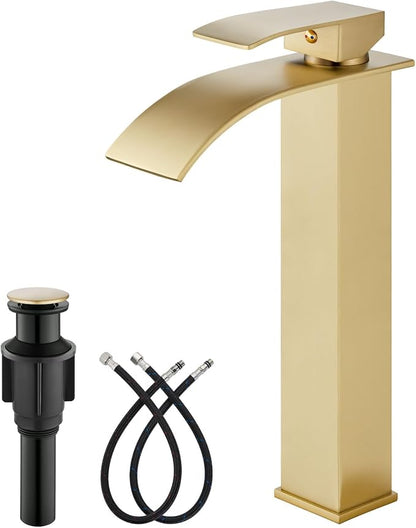 gotonovo Modern Waterfall Tall Bathroom Faucet 1 Hole, Brushed Gold | Vessel Sink Faucet Single Handle 304 Stainless Steel,Pop Up Drain,24" cUPC Supply Line,for Lavatory Vanity Restroom Basin RV