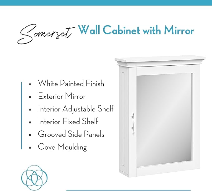 RiverRidge Somerset Bathroom Wall Mount Medicine Cabinet with Mirror, White | Bath Storage Cabinet with Adjustable Interior Shelf and Soft Close Hinges, Two-Tone Handles and Coved Top Detailing