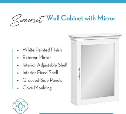RiverRidge Somerset Bathroom Wall Mount Medicine Cabinet with Mirror, White | Bath Storage Cabinet with Adjustable Interior Shelf and Soft Close Hinges, Two-Tone Handles and Coved Top Detailing