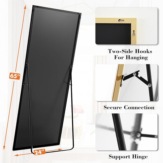 DUMOS Full Length Mirror 24"x 65" for Bedroom, Full Body Mirror with Stand, Hanging or Leaning for Wall, Aluminum Alloy Thin Frame Floor Standing for Living Room, Long, Gold