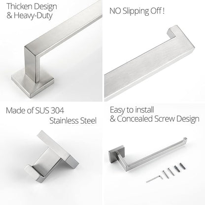 BAGNOLUX Bathroom Hardware Set 4 Pieces, Bath Towel Holder Set SUS304 Stainless Steel, Towel Bar Rack Set for Wall Mounted, Square Bathroom Accessories Set Fixture Heavy Duty Brushed Nickel