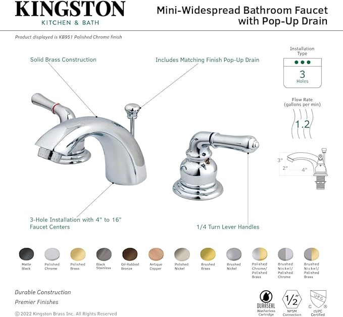 Kingston Brass KB955 Magellan II 4-Inch to 8-Inch Mini Widespread Lavatory Faucet with Metal lever handle, Oil Rubbed Bronze