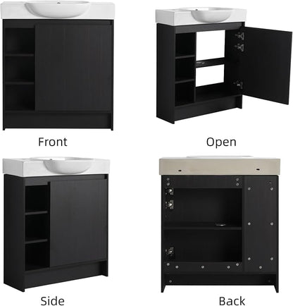 30" Freestanding Bathroom Vanity with Sink, Floor Cabinet, Dark Oak | Integrated Ceramic Sink, Soft-Close Door & 3 Open Storage Shelves, Small Bath Vanity Set, Easy to Clean