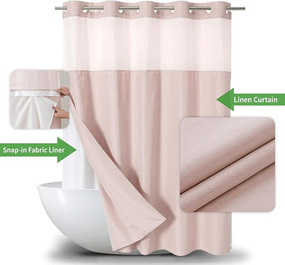 eachope No Hooks Needed Linen Textured Shower Curtain with Snap-in Fabric Liner Set,Blush Hotel Luxury Decor Shower Curtains for Bathroom with Mesh Top Window,Waterproof & Washable,71Wx74H | 230GSM Thick Fabric,Hotel Luxury Decor,Mesh Top Window,Magnet...