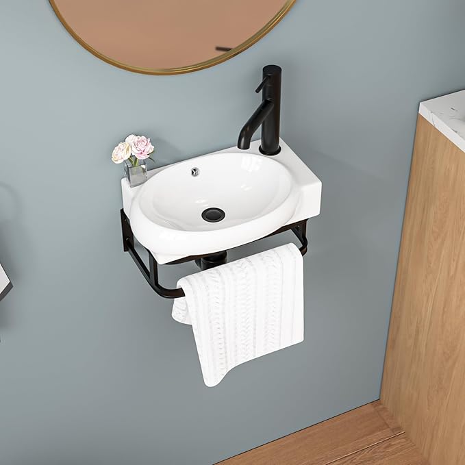 Sarlai Wall Mounted Bathroom Vessel Sink with Towel Rack,17x11 Inch Wall Hung Rectangle Ceramic Small Bathroom Sink White Mini Wash Modern Vanity Floating Basin