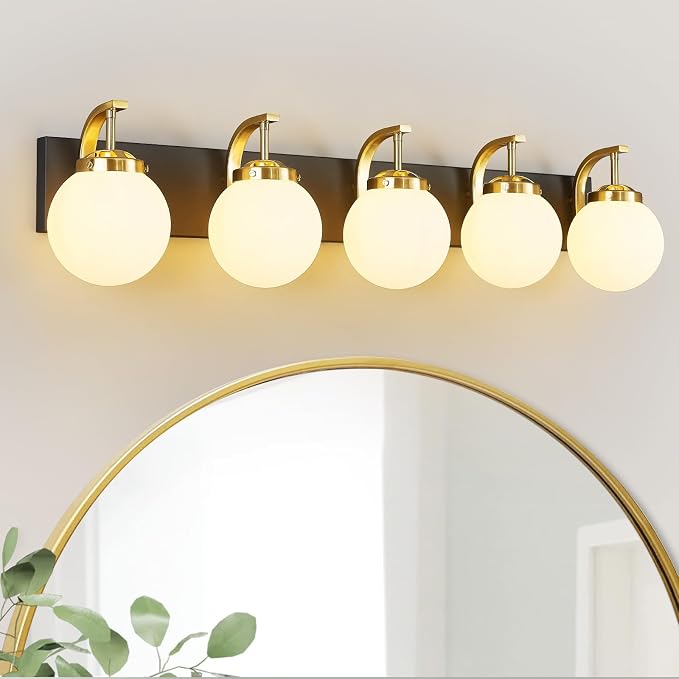 5-Light Bathroom Vanity Light Fixtures Sand Black Gold Vanity Lights Over Mirror Modern Wall Sconce with Milk White Glass Globe Lampshade for Lving Room Dining Room Corridor Powder Room