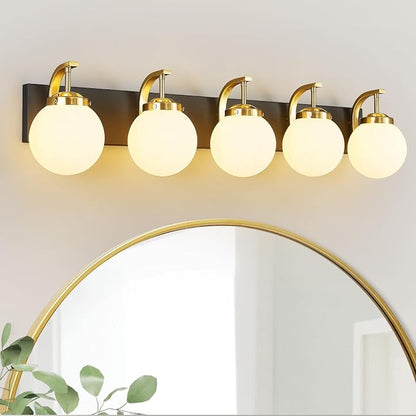 5-Light Bathroom Vanity Light Fixtures Sand Black Gold Vanity Lights Over Mirror Modern Wall Sconce with Milk White Glass Globe Lampshade for Lving Room Dining Room Corridor Powder Room