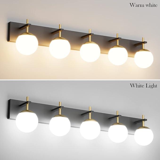 Ralbay Mid Century Modern Vanity Lights - 5-Light Milky Glass Globe Modern Bathroom Vanity Lights Over Long Mirror, Black/Golden Bathroom Wall Light Fixture