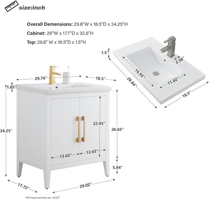 30 Inch Bathroom Vanity with Sink & Ceramic Top, Single Vanity Cabinet with Basin, Soft-Closing Doors & Matte Black Hardware, White