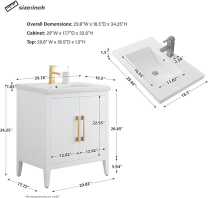 30 Inch Bathroom Vanity with Sink & Ceramic Top, Single Vanity Cabinet with Basin, Soft-Closing Doors & Matte Black Hardware, White