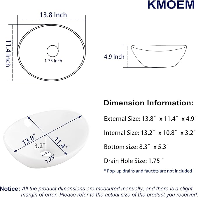Vessel Sink 14"x11" Oval Bathroom Sink Modern White Porcelain Ceramic Above Counter Vanity Sink for Bathrooms Art Basin