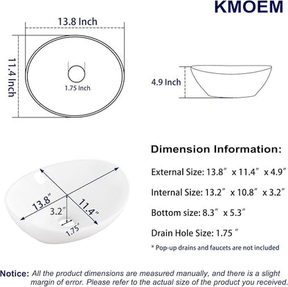 Vessel Sink 14"x11" Oval Bathroom Sink Modern White Porcelain Ceramic Above Counter Vanity Sink for Bathrooms Art Basin