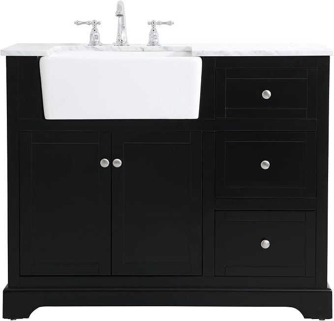 42" Pre-Assembled Bathroom Vanity with Sink, Solid Birch and MDF, Carrara White Marble Countertop Attached, Single Rectangle Porcelain Sink, 3 Soft-Close Drawers, Black