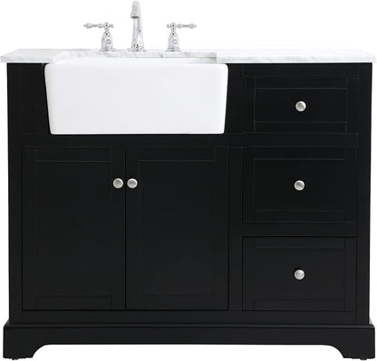 42" Pre-Assembled Bathroom Vanity with Sink, Solid Birch and MDF, Carrara White Marble Countertop Attached, Single Rectangle Porcelain Sink, 3 Soft-Close Drawers, Black